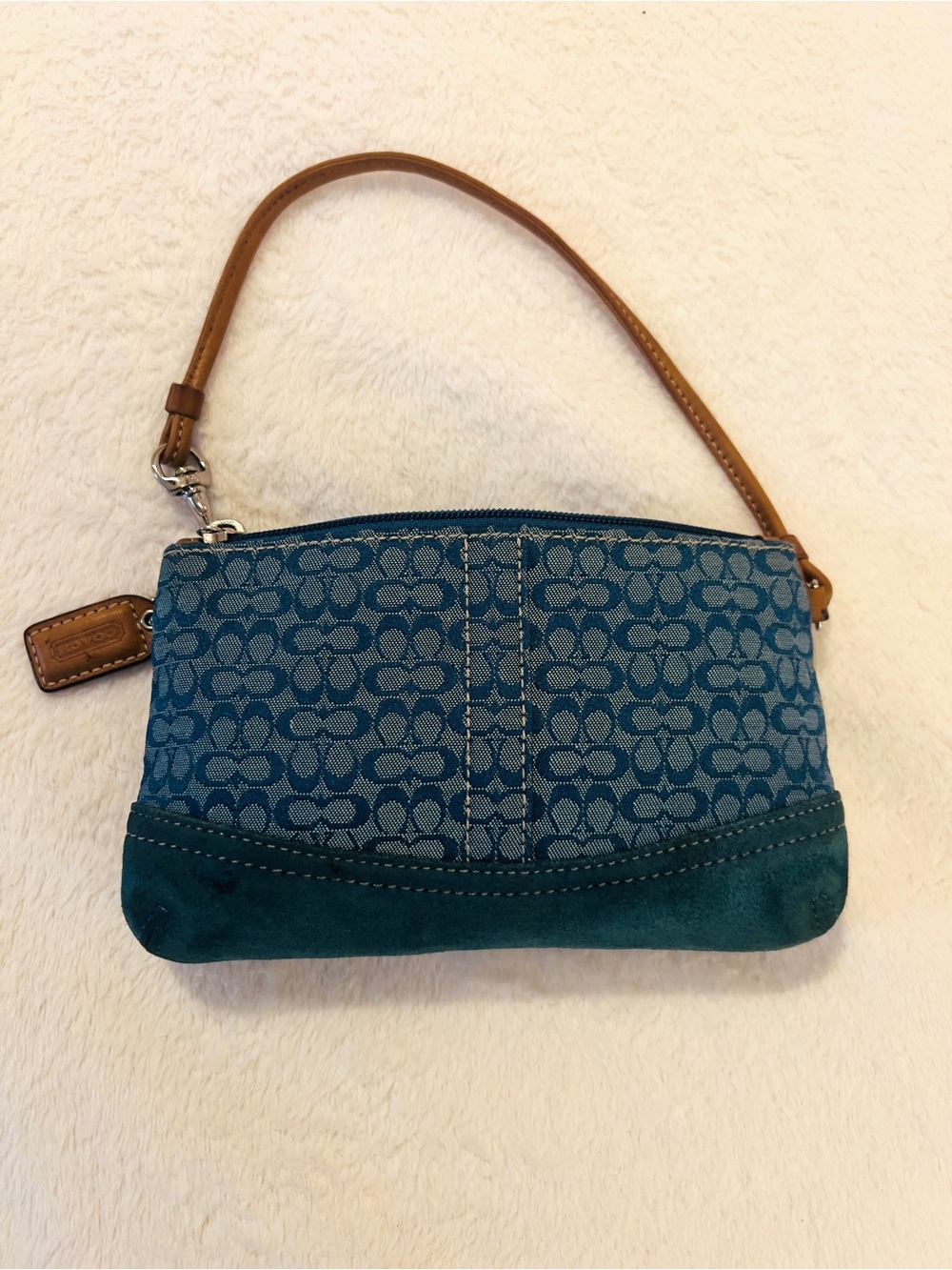 🩷 Coach Signature Y2K Vntg Wristlet Purse Canvas Blue Suede Leather
Trim Pouch🩷